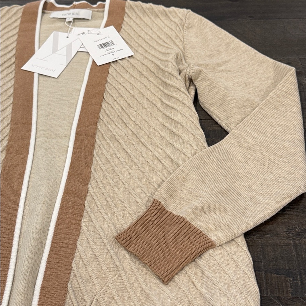 Verve Ami Cardigan Fawn Heather Combo Tan Stripe Ribbed Long Sleeve S - Picture 11 of 16